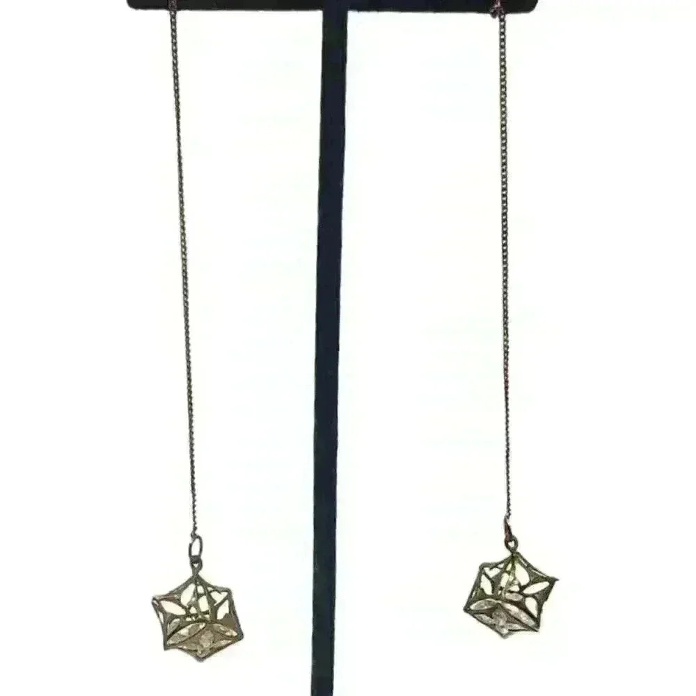 Vintage Earrings Long Dangle Chain Geometric 3D Box With Clear Crystals 1980s